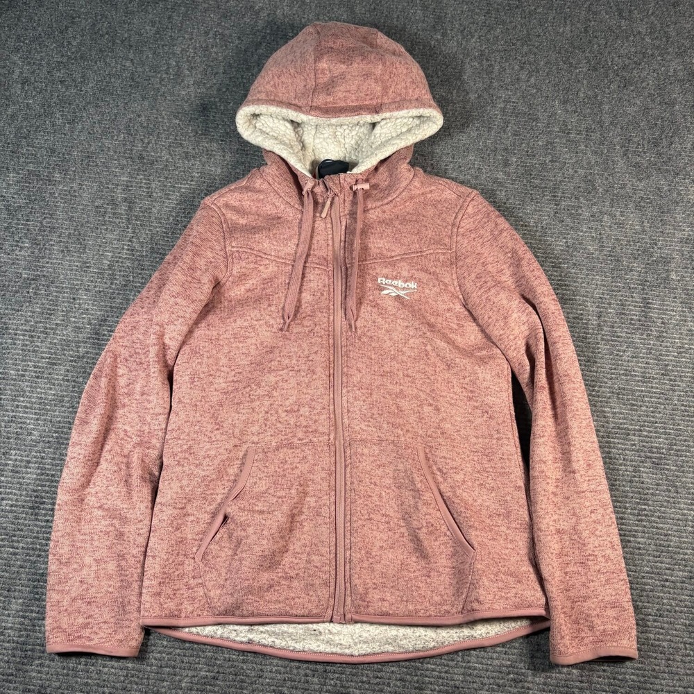 Reebok Full Zip Hoodie Women Medium Pink Excellent Sherpa Lined Marl Knit